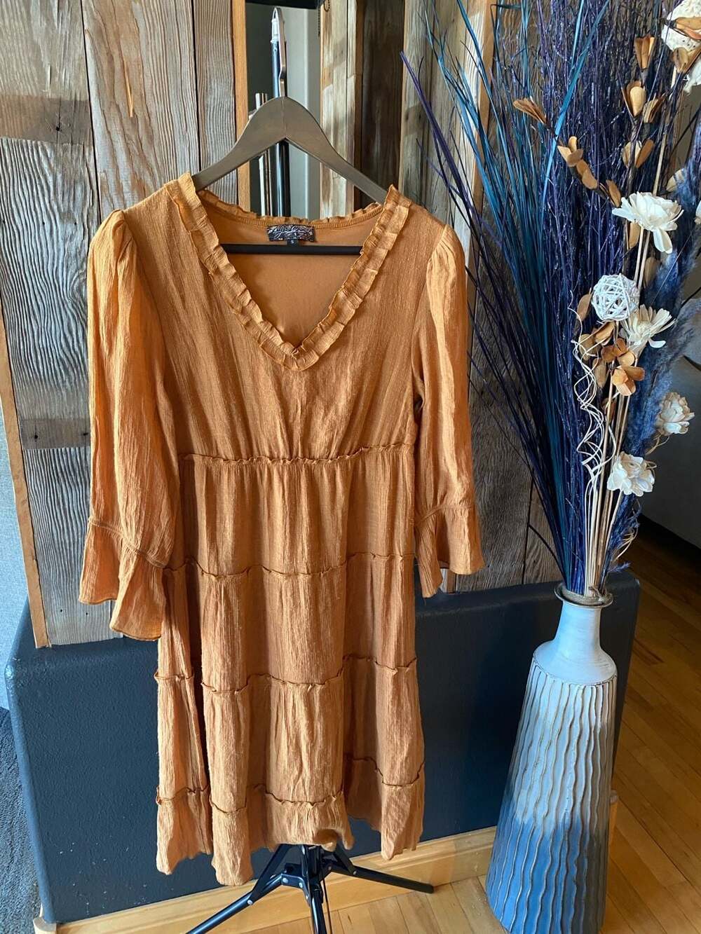 J. Lee Tiered Long Sleeve V-Neck Dress in Terracotta